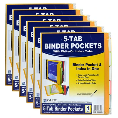 C-Line® 5-Tab Binder Pockets with Write-On Index Tabs, 6 Packs of 5