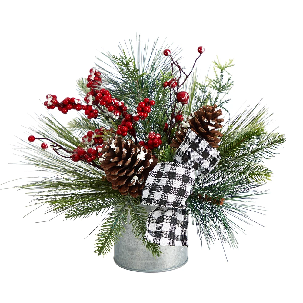 12" Frosted Pinecones & Berries Artificial Arrangement in Vase with Decorative Plaid Bow