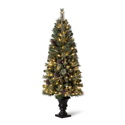 5ft. Pre-Lit Flocked Pine Artificial Christmas Tree in Black Urn, Warm White Lights
