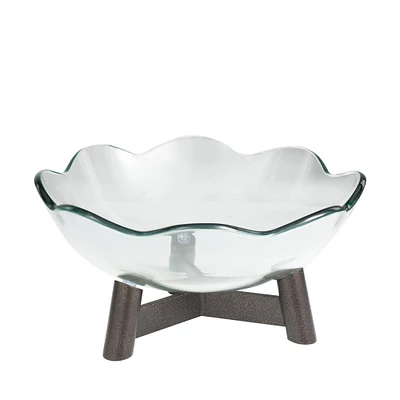 8" Clear Glass Floral Inspired Serving Bowl with Bronze Hammered Y-Shaped Stand