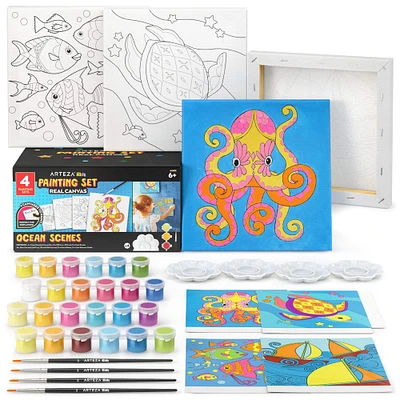 Arteza® Kids Canvas Paint Kit, 4 8x8 Canvas with Brushes & Paints Ocean Scenes