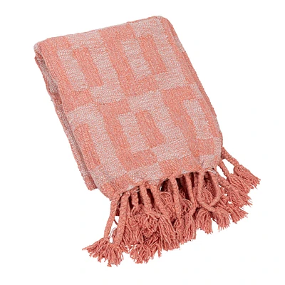 Pink Geometric Throw Blanket with Braided Fringe