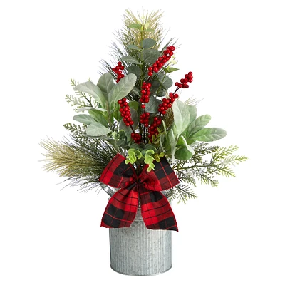 20" Holiday Winter Greenery, Pinecone & Berries with Bow Arrangement