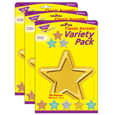 Trend Enterprises® I Heart Metal Stars Classic Accents® Variety Pack, 3 Packs of 36