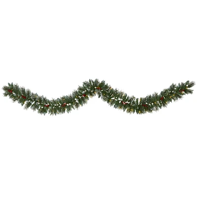 9ft. Pre-Lit Clear LED Frosted Swiss Pine & Berry Artificial Garland
