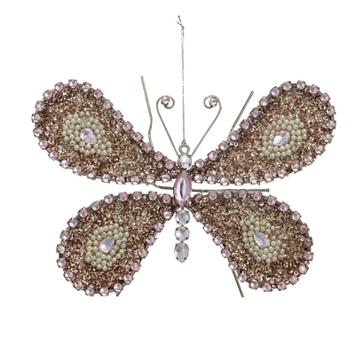 8" Silver, Pink & Cream Metal Butterfly Ornament with Sequins, Jewels & Beads