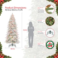 7.5ft Pre-Lit White Slim Fraser Fir Flocked Artificial Christmas Tree, Multicolor Lights