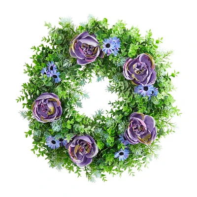 22" Purple Rose, Blue Daisy & Greens Wreath