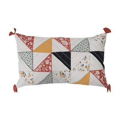 Patchwork Quilted Cotton Lumbar Pillow with Kantha Stitch & Tassels