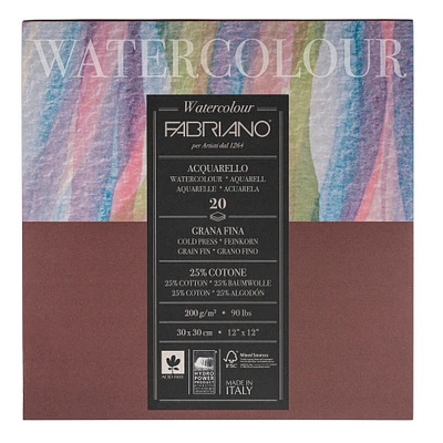Fabriano® Studio Cold Press 12" x 12" Watercolor Paper Block, 20 Sheets