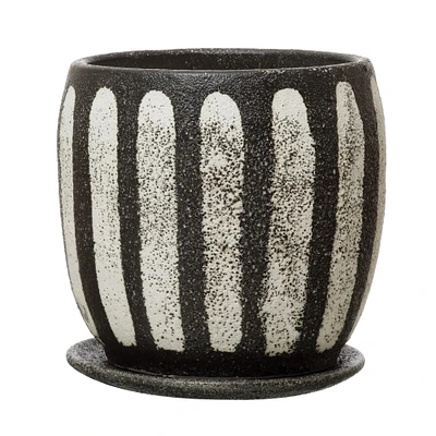 7.5" Black & White Hand-Painted Terra Cotta Planter with Saucer Set