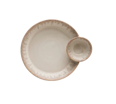 9.5" Cream Stoneware Serving Platter with Attached Dip Bowl