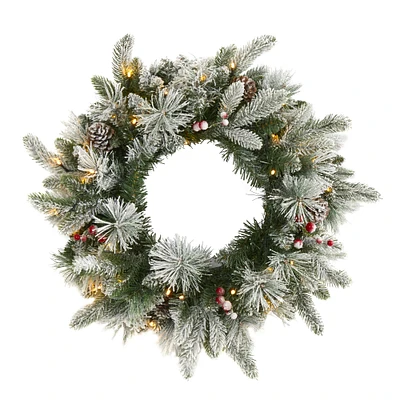 20" LED Flocked Mixed Pine & Berry Artificial Christmas Wreath