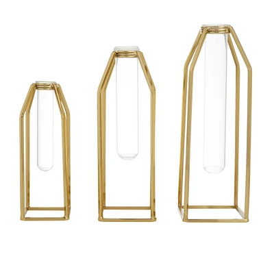 CosmoLiving by Cosmopolitan Set of 3 Gold Stainless Steel Glam Vase, 13" x 5" x 5"