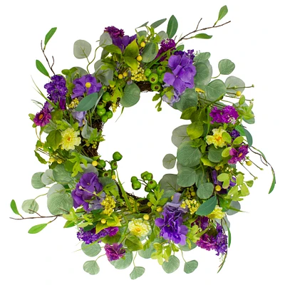 23" Purple & Yellow Eucalyptus & Hydrangea Floral Berry Spring Wreath