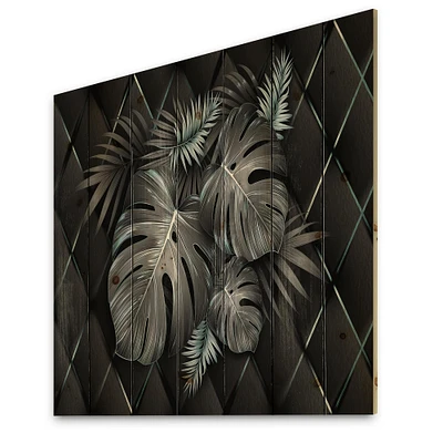 Designart - Black and Gold Tropical Leaves I - Modern Print on Natural Pine Wood