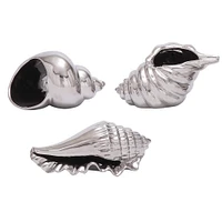 Set of 3 Silver Ceramic Coastal Shell Sculpture, 8", 7", 6"