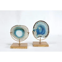 Blue Agate Stone Slice on Metal Stand