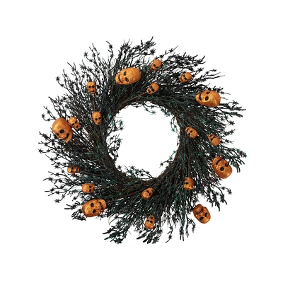 22" Black & Orange Skulls and Spiders Halloween Twig Wreath