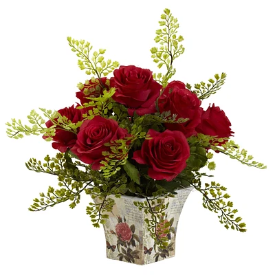 13" Red Rose & Maiden Hair Arrangement in Floral Planter