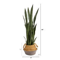 46" Sansevieria Artificial Plant in Boho Chic Handmade Cotton & Jute Gray Woven Planter