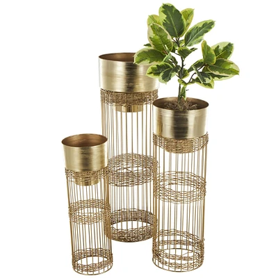 Gold Metal Textured Cylindrical Dome Planter & Pedestal Base Set