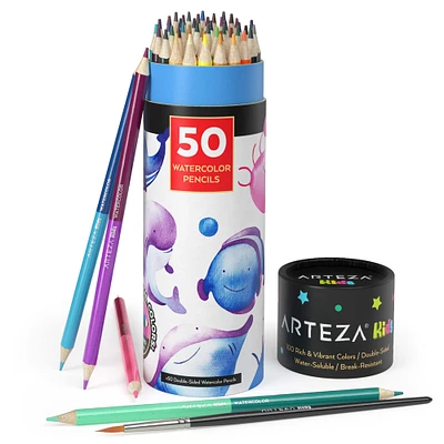 Arteza® Kids Dual Sided Watercolor Pencils with Watercolor Brush, 50 pcs
