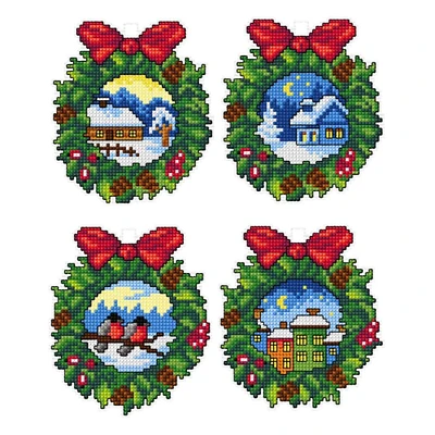 Orchidea Plastic Canvas Counted Cross Stitch Kit With Plastic Canvas Christmas Wreaths Set of 4 Designs