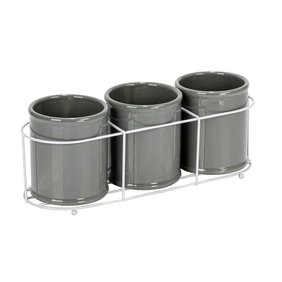 Gray Farmhouse Ceramic Crocks in White Metal Holder