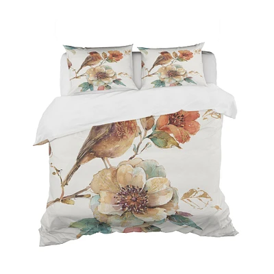 Designart 'Farmhouse Bird on Flower Branch' Cottage Bedding Set - Duvet Cover & Shams