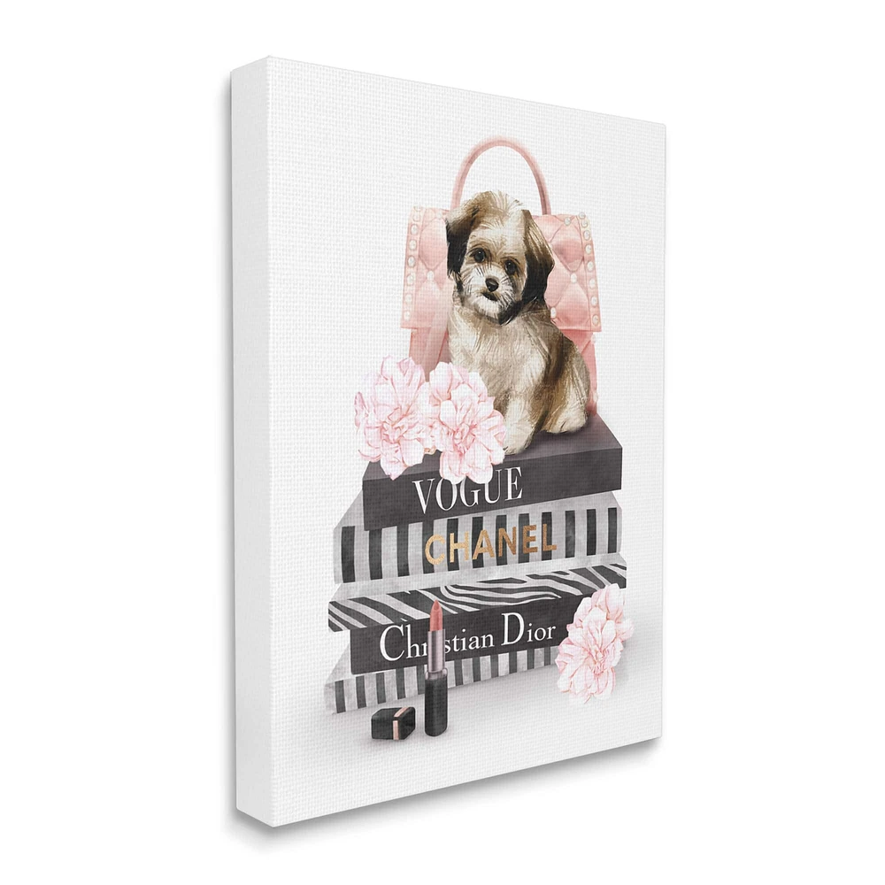 Stupell Industries Fluffy Puppy on Fashion Books Pink Florals Canvas Wall Art