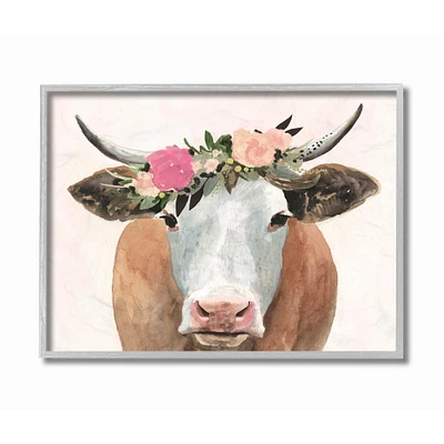 Stupell Industries Springtime Flower Crown Farm Cow with Horns Wall Accent with Gray Frame