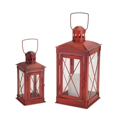 Rustic Red Metal & Glass Lantern Set, 7.75'' & 12''