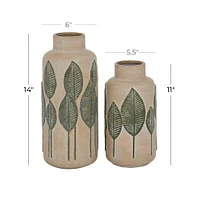 Set of 2 Beige Stoneware Coastal Style Vase, 11", 14"