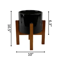 Flora Bunda 8" Black Large 2 Tone Pot On Wood Stand