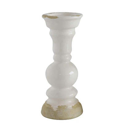 12'' Distressed White Stoneware Pillar Candle Holder