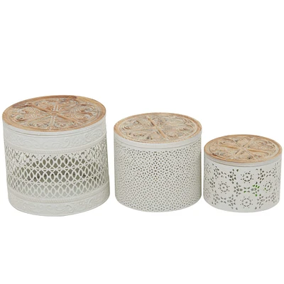 White Metal Laser Cut Metal Decorative Jars with Carved Wood Lids Set