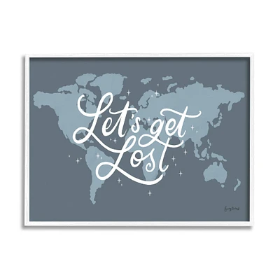 Stupell Industries Let's Get Lost Adventure Phrase Blue World Map Framed Wall Art