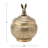 8'' Brass Finished Hammered Metal Container with Rabbit Finial