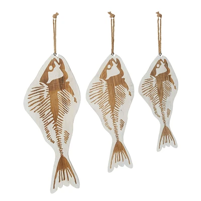 Set of 3 White Wood Coastal Fish Wall Decor, 22", 26", 30"