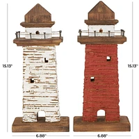 Red & White Wood Light House Sculpture Set