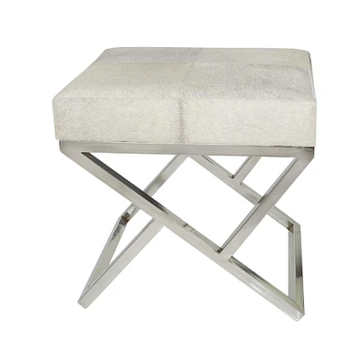 21" Light Gray Leather Geometric Stool with Metal Base