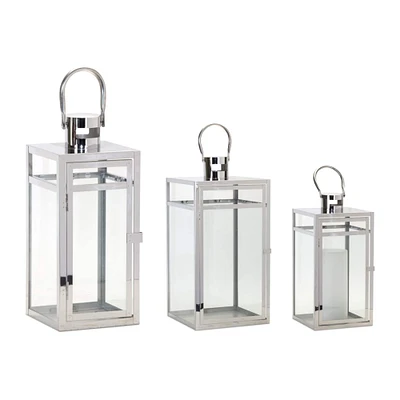 Stainless Steel & Glass Lantern Set, 11.75", 16" & 20.5"