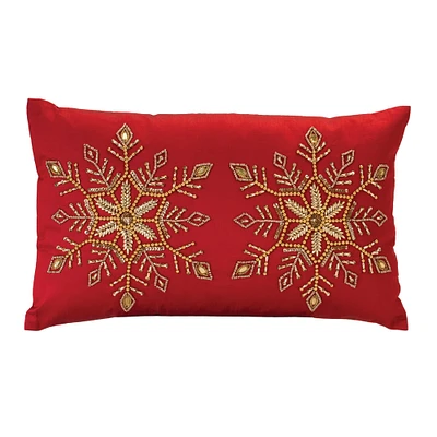 Red & Gold Beaded Snowflake Holiday Pillow