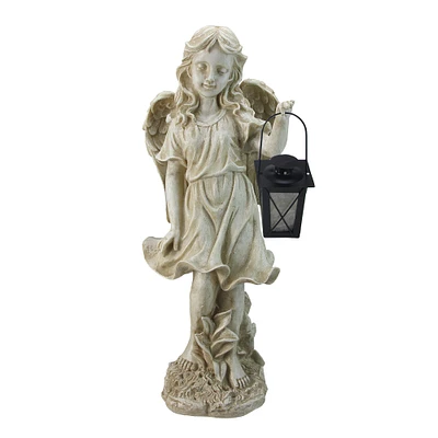 21" Graceful Weathered Ivory Standing Angel with Tealight Candle Lantern Outdoor Garden Statue