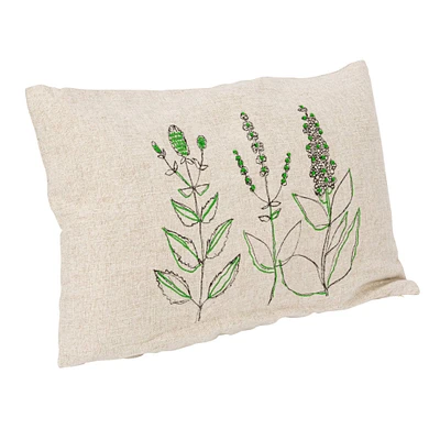 Hand-Embroidered Botanicals Linen Blend Lumbar Pillow with Kantha Stitch & Flanged Edge