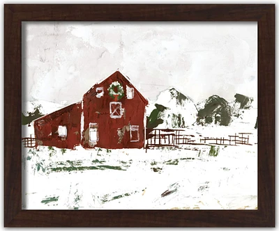 Christmas Snow on the Farm Walnut Framed Print Under Plexiglass