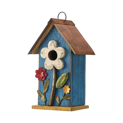 Glitzhome® 10.25" Retro Blue Distressed Flower Birdhouse