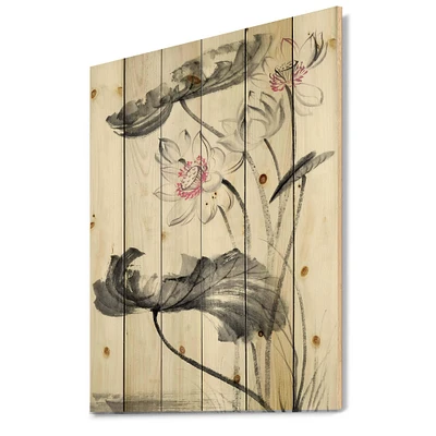 Designart - Vintage Lotus Flowers - Traditional Print on Natural Pine Wood
