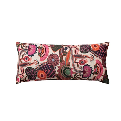 Multicolor Floral Embroidered Cotton Slub Lumbar Pillow with Chambray Back